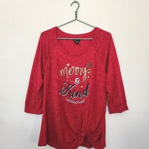 Joei & i Womens Red Merry & Kind Christmas Top 3/4 Sleeve Knot Hem Large